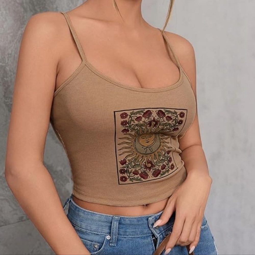 H&M Golden Yellow Floral Sun Moon Graphic Ribbed Crop Cami Tank $5 Bundle Deal